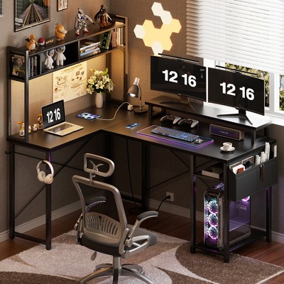 Aheaplus L Shaped Desk with Charging Staion and LED Light, Corner Computer Desk with Hutch and Monitor Stand