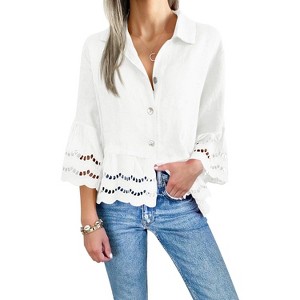 Imily Bela Womens 3/4 Bell Sleeve Eyelet Button Down Shirt Casual Ruffle Hem Blouse - 1 of 4