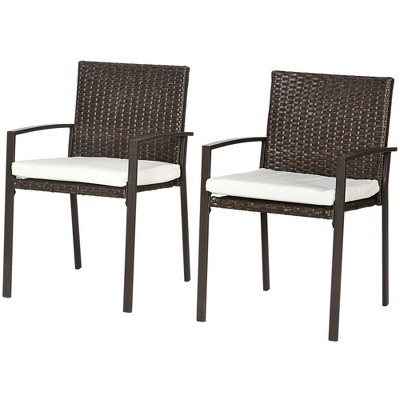 PE Rattan Outdoor Dining Chair Set with Cushion, 2 Patio Wicker Dining Chairs with Backrest