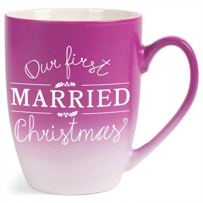 Elanze Designs Our First Married Christmas Two Toned Ombre Matte Pink and White 12 ounce Ceramic Stoneware Coffee Cup Mug