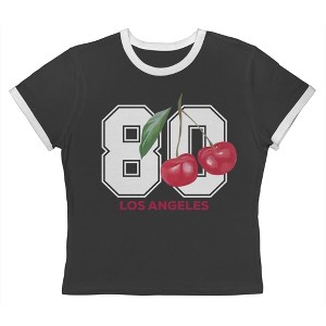 Rerun Island Women's 80 Los Angeles Cherries Short Sleeve Graphic Cotton Retro Vintage Ranger Baby Tee - Caviar White 2X - 1 of 4