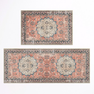 Blue Floral Rectangular Synthetic Washable Area Rug 50" x 20"