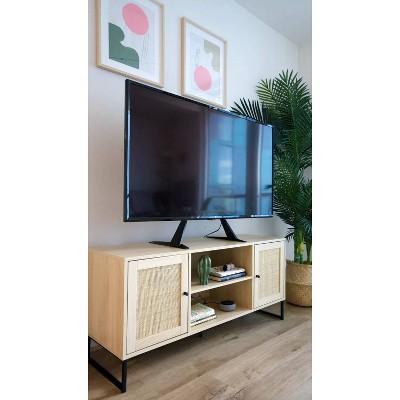 54'' Mina Matte Black and Light Oak Media Console with Rattan Cabinet Doors