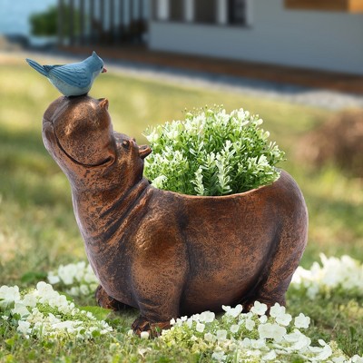 Brown Hippo and Blue Bird MGO Flower Pot Planter