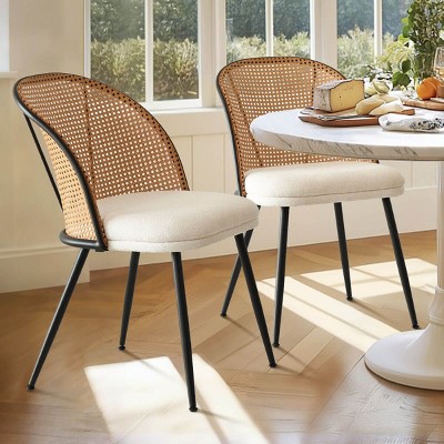 Set of 2 Faux Cane Back Dining Chairs, Upholstered Rattan-Style Accent Chairs with Metal Legs, Mid-Century Modern Kitchen Chairs-Maison Boucle