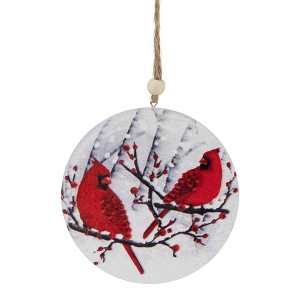 Northlight 4" Red Cardinals on Berry Branches Christmas Ornament Wooden Disc - 1 of 4