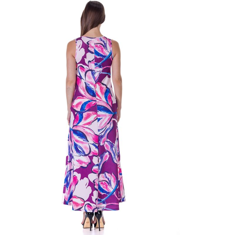 24seven Comfort Apparel Womens Casual Purple Floral Scoop Neck Sleeveless Maxi Dress With Pockets, 3 of 9