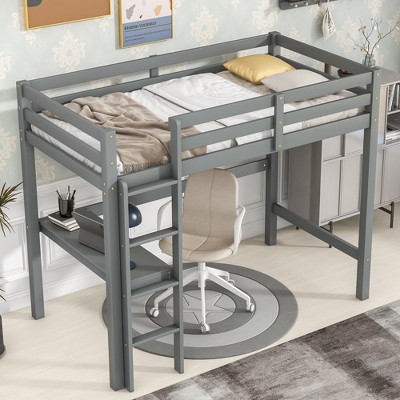 Wooden  Loft Bed with Ladder, Desk and Shelves-ModernLuxe