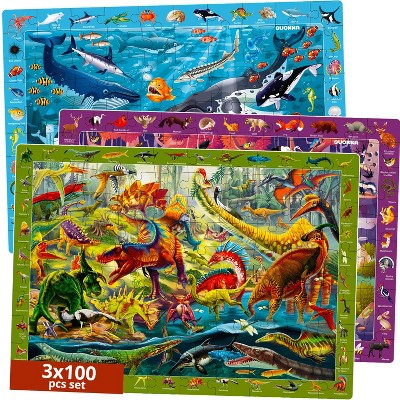 QUOKKA 100 Pieces Puzzles for Kids -  Search & Find Floor Puzzles for Kids - 3x SET Forest Ocean Dino Jigsaw Puzzle