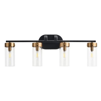 Modern 4-Light Vanity Light Fixture, Black and Gold Bathroom Wall Light with Clear Glass Shades