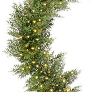 Pre-Lit Cedar Cypress Christmas Garland w/ Twinkling LEDs, Realistic Indoor Holiday Decor for Door, Mantle, Battery - 1 of 4