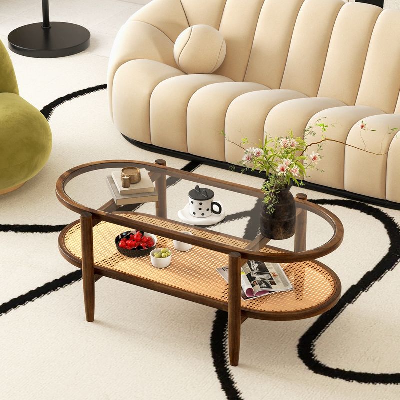 Costway 2-Tier Coffee Table Tempered Glass Top with PE Rattan Shelf & Acacia Wood Frame, 4 of 11