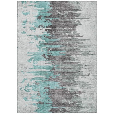 Teal Blue Charcoal And Silver Abstract Washable Indoor Outdoor Area Rug