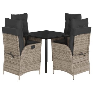 vidaXL 5 Piece Patio Dining Set - PE Rattan Adjustable Reclining Chairs, Gray Cushions, Black Tempered Glass Table for Outdoor/Garden/Patio - 1 of 4