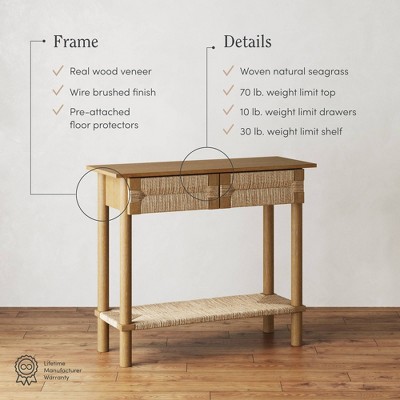 Beacon Light Brown Wood Console Table with Seagrass Storage