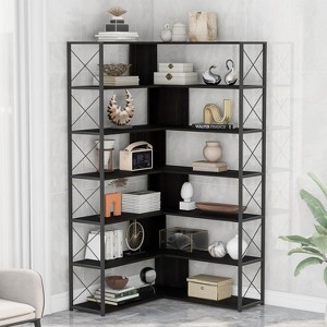 7-Tier Bookcase Home Office Bookshelf, L-Shaped Corner Bookcase with Metal Frame, Industrial Style Shelf with Open Storage, MDF Board-The Pop Home - 1 of 4