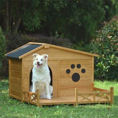 Natural Pine Wood Dog House with Asphalt Roof and Porch