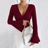 Coolmee Women's V Neck Bell Sleeve T Shirt Fall And Winter Slim Bottoming Shirt Tops - 3 of 4