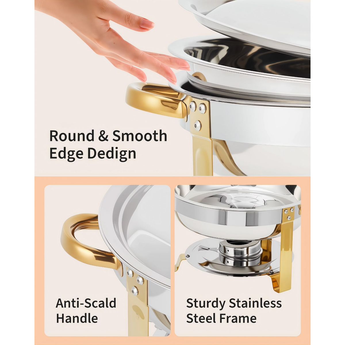 Garvee 2 Pack Round Chafing Dishes for Buffet, Stainless Steel Chafer Set, Clear Lid, Stand & Lid Hook, Half Gold Plated, Food Warmers for Catering - thumbnail 5