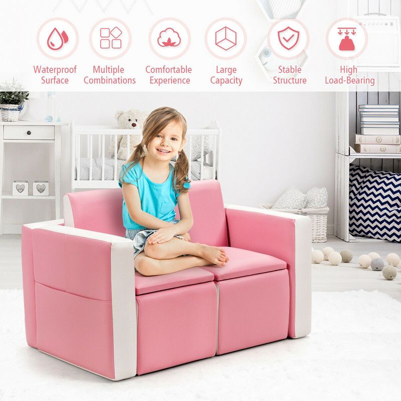 Tangkula Kids Sofa 2 in 1 Double Sofa Convert to Table and Two Chairs Toddler Lounge with Wooden Frame and PVC Surface Children Box, 5 of 11