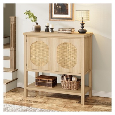 35.4 Inch Rattan Console Table Storage, Entryway Table with Storage Cabinet & Open Shelf, 500lb Capacity Modern Farmhouse Sofa Table