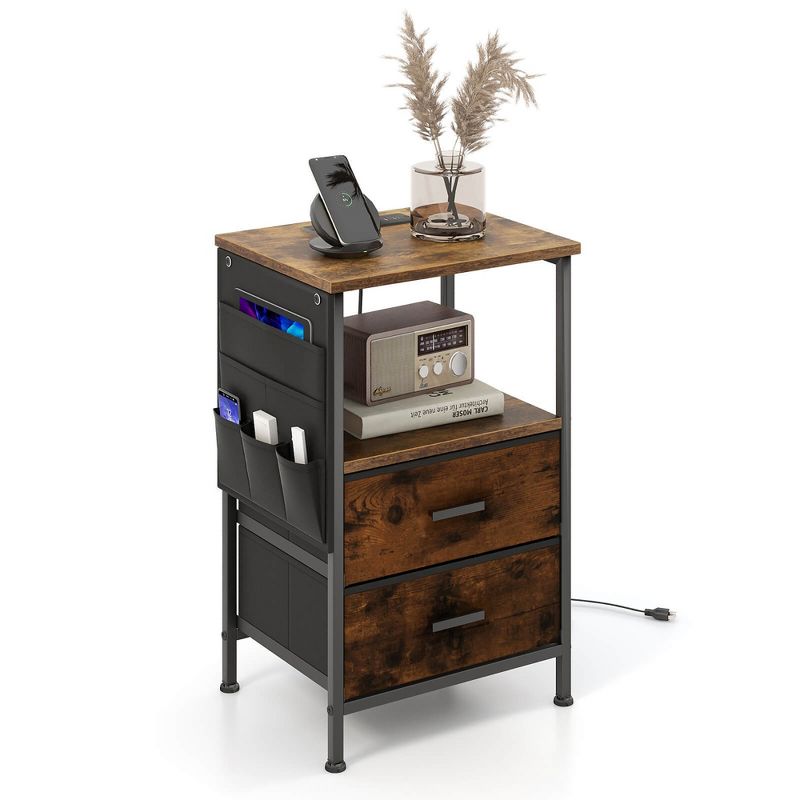 Tangkula Nightstand with Charging Station Industrial Bedside Table w/ 2 Drawers, 1 of 9