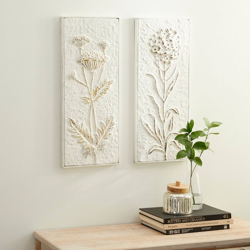 Metal Floral Relief Wall Decor with Gold Detailing Set of 2 White - Olivia &#38; May, 2 of 6