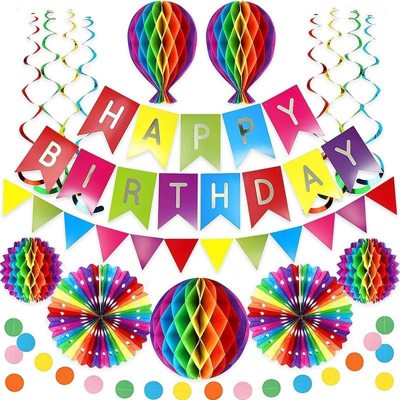 Happy Birthday Banner With Colorful Paper Flag Bunting Paper Circle Confetti Garland Swirl Streamers Honeycomb ball for Birthday Party Decorations