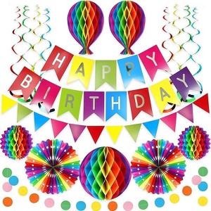 Happy Birthday Banner With Colorful Paper Flag Bunting Paper Circle Confetti Garland Swirl Streamers Honeycomb ball for Birthday Party Decorations - 1 of 4