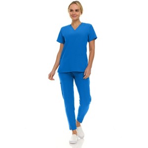 Saint Scrubs Womens 9-Pocket Medical Uniform Set- V-Neck Stretch Top with Tapered Straight Leg Pants - 1 of 4