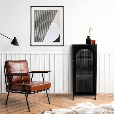 Matte Black Narrow Metal Accent Cabinet with Adjustable Shelves and Arched Glass Door