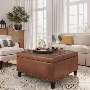 Faux Leather Lift-Top Coffee Table Ottoman, Large Upholstered Footrest Stool Toy Box Storage - 1 of 4