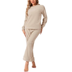 cheibear Women's Fuzzy Flannel Long Sleeve Sweatsuits with Sweater Pants 2 Piece Pajama Sets - 1 of 4