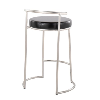 Set of 2 Black Leather and Metal Round Counter Stools