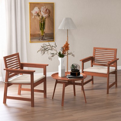 Natural Wood Outdoor Dining Chairs with Off-White Cushions, Set of 2