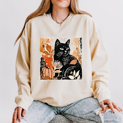Simply Sage Market Black Cat Fall Leaves Distressed Lightweight Garment Dyed Sweatshirt