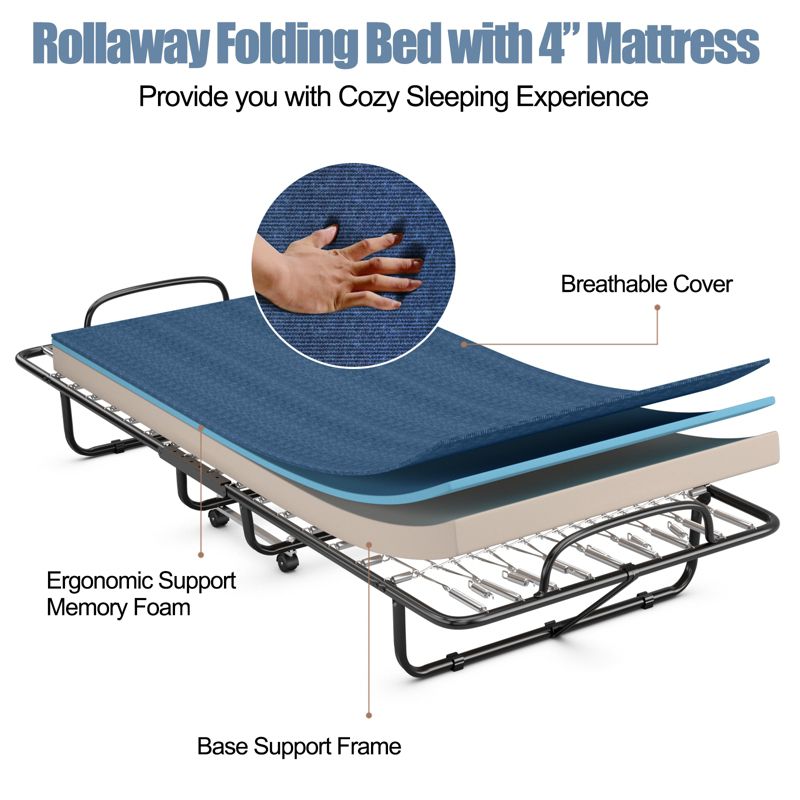 Costway Folding Bed with Memory Foam Mattress Portable Rollaway Guest Cot Memory Foam Navy Made in Ital, 5 of 11