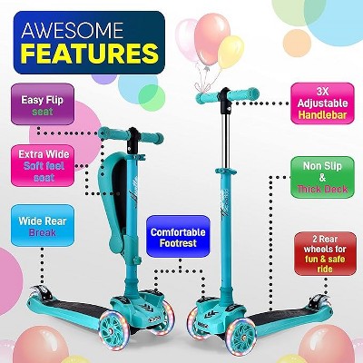 Teal Adjustable 3-Wheel Kids Scooter with LED Lights and Fold-Out Seat