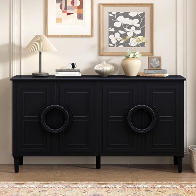 4 Door MDF Storage Cabinet with Five-Legs Support,French Sideboard Cabinet with Round Ring Handles for Dining Room or Entryway-Coolbibila