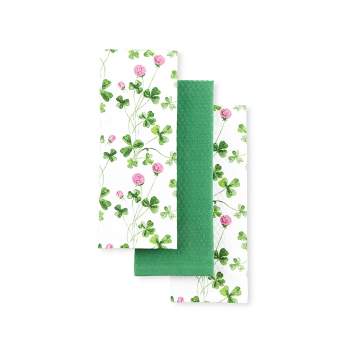 Martha Stewart Clover Meadow Kitchen Towel Set 3-Pack, Absorbent 100% Cotton, St. Patrick's Day, White/Green, 13"x17.5"
