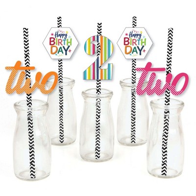 Big Dot of Happiness 2nd Birthday - Cheerful Happy Birthday - Paper Straw Decor - Colorful Second Birthday Party Striped Decorative Straws - Set of 24