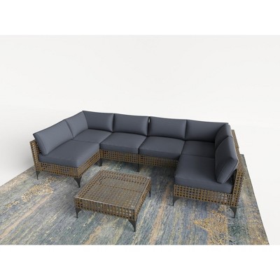 Cesicia 7-Piece Gray Sofa Set, Garden Patio Wicker Sectional Sofa Set with Coffee Table for Backyard, Balcony