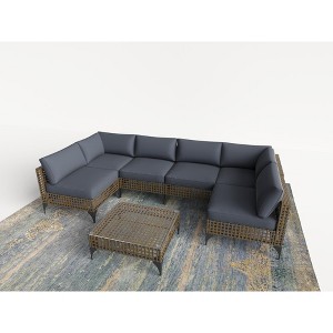 Cesicia 7-Piece Gray Sofa Set, Garden Patio Wicker Sectional Sofa Set with Coffee Table for Backyard, Balcony - 1 of 4
