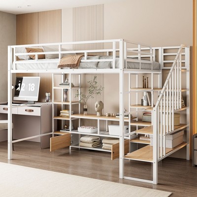 NicBex Full Size Loft Bed Bunk Bed Metal Bed Frame with Low Table, Storage Shelves, Stairs and Full Length Guardrail, No Box Spring Required, White