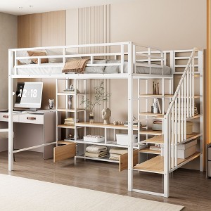 NicBex Full Size Loft Bed Bunk Bed Metal Bed Frame with Low Table, Storage Shelves, Stairs and Full Length Guardrail, No Box Spring Required, White - 1 of 4