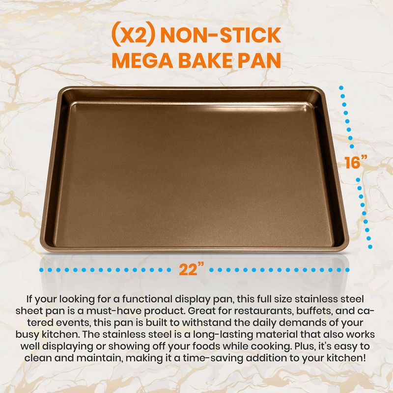 Nonstick Cookie Sheet Baking Pan - 2PC 2QT Large Metal Oven Baking Tray, Gold, 2 of 8