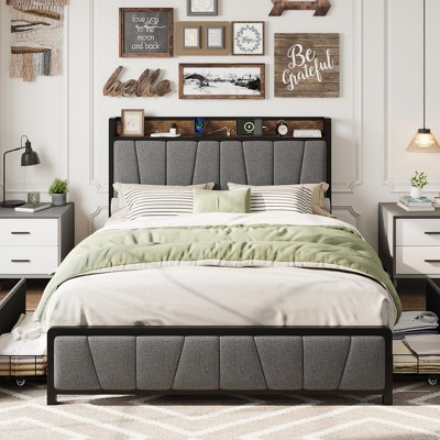 homfan Bed Frame with 2 Storage Drawers and Charging Station, Rustic Linen Upholstered Platform Bed Frame with Storage Headboard, Gray
