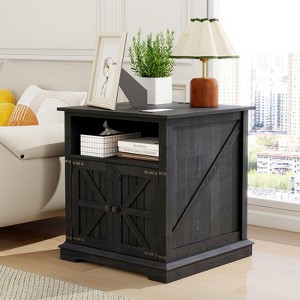 Dyonery Nightstand with Chargers, 24-Inch Wooden Rustic Nightstand, Large Nightstand with Barn Door for Bedroom - 1 of 4