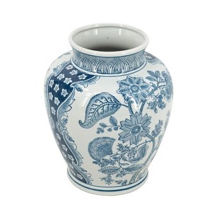 HomeRoots 11" Light Blue And White Floral Round Porcelain Jar - 1 of 4