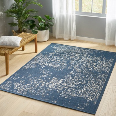 VisioGear Area Rug, 7'*5'3" Vintage Large Non-slip Rug For Living Room Kitchen Bedroom, Blue & Yellow, 84"*63"*0.16"